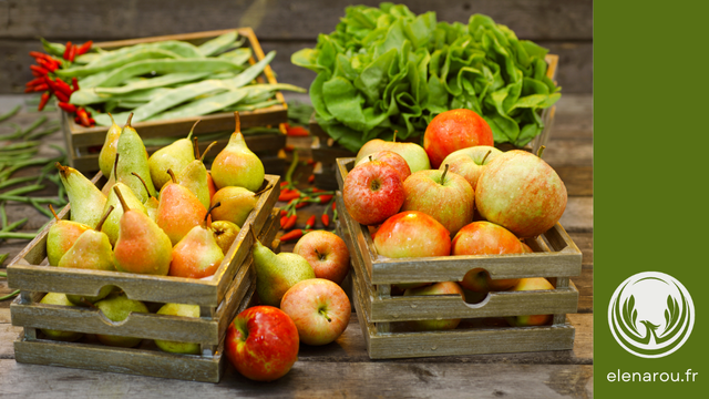 pommes, poires, laitue et fèves